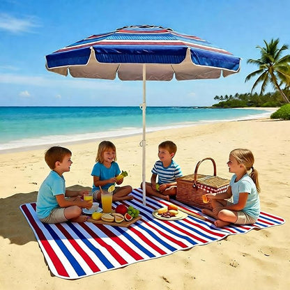LOTTAFUN 6ft Beach Umbrella - Heavy Duty Wind Resistant UV 50+ Portable Sun Shade with Sand Anchor & Carry Bag, Outdoor Folding Umbrella for Beach, Pool, Patio, Garden (Blue color strip) No Tilt The sand needs to exceed the spiral 6inch