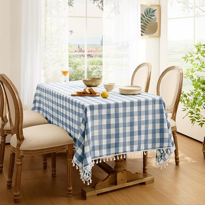 Softalker Checkered Tablecloth Rectangle, Outdoor Linen Cotton Gingham Table Cloth with Tassel, Heavy Duty Wrinkle Free Buffalo Plaid Table Cover for Kitchen Dining Summer Party - 55 x 70 Inch, Blue