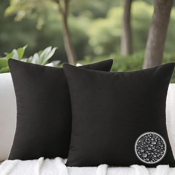 Outdoor Throw Pillows with Inserts, Waterproof Pillows for Outdoor Seating, Square Decorative Garden Cushion for Patio Furniture, Bed, Couch, Sofa(Black, 18" x 18" (Pack of 2))