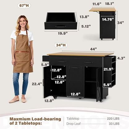 YESHOMY Kitchen Island on Wheels with Trash Cabinet, 56" Mobile Cart with Drop Leaf and Drawers, Rolling Portable Table with Spice Rack & Towel Holder for Dining Room, Black & Oak
