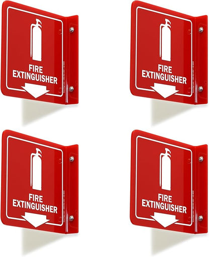 SmartSign (4-Pack) Fire Extinguisher Projecting Sign - 6" x 6", Two-Sided Wall Mount Polished Acrylic Hallway Sign with Down Arrow, White on Red