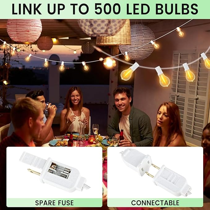 Outdoor String Lights 100 Feet LED Patio Lights 53 Plastic Edison Bulbs (3 Spare), Waterproof Connectable Hanging Light for Backyard Porch Balcony Party Decor, White