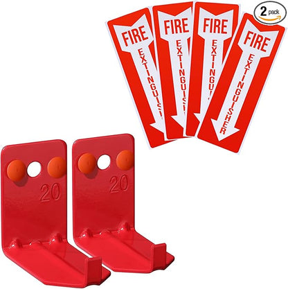 2 Pack Fire Extinguisher Holder and 4 Pieces Fire Extinguisher Sign Sticker, 20lb Fire Extinguisher Wall Hook Mount Bracket for Big and Small Fire Extinguishers, Indoors and Outdoors
