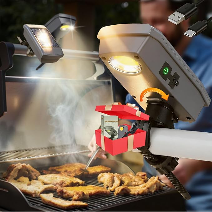 Solar/USB-C Grill Lights for Outdoor Grill | Compatible with Blackstone/Weber/Big Green Egg, Rechargeable LED Work Light, Gifts for Men, BBQ Accessories