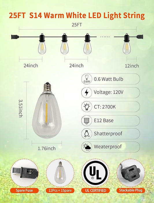 25FT LED Outdoor String Lights - 12+1 Shatterproof Vintage Edison Bulbs | IP44 Weatherproof | Plug in Cafe Patio Lights for Balcony, Porch, Deck & Cozy Bistro Ambiance (2700K Warm White)