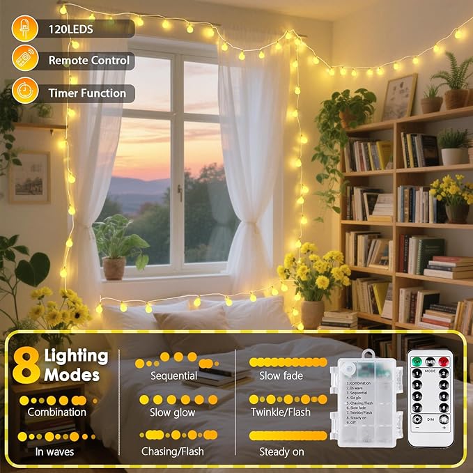 2 Pack Battery Operated String Lights - 52FT 120 LED Globe Fairy Lights with Remote, Waterproof String Light Indoor Outdoor 8 Modes with Timer for Bedroom Classroom Dorm Christmas Decor, Warm White