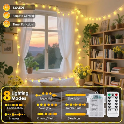 2 Pack Battery Operated String Lights - 52FT 120 LED Globe Fairy Lights with Remote, Waterproof String Light Indoor Outdoor 8 Modes with Timer for Bedroom Classroom Dorm Christmas Decor, Warm White