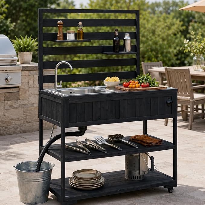 Patio Rolling Kitchen Island with Sink, 41.7 Inch Outdoor BBQ Cart | Solid fir wood frame, stainless steel top and sink, patio BBQ prep, 4 lockable wheels, 2 movable shelves, 41.7 x 16.6 x 65 in