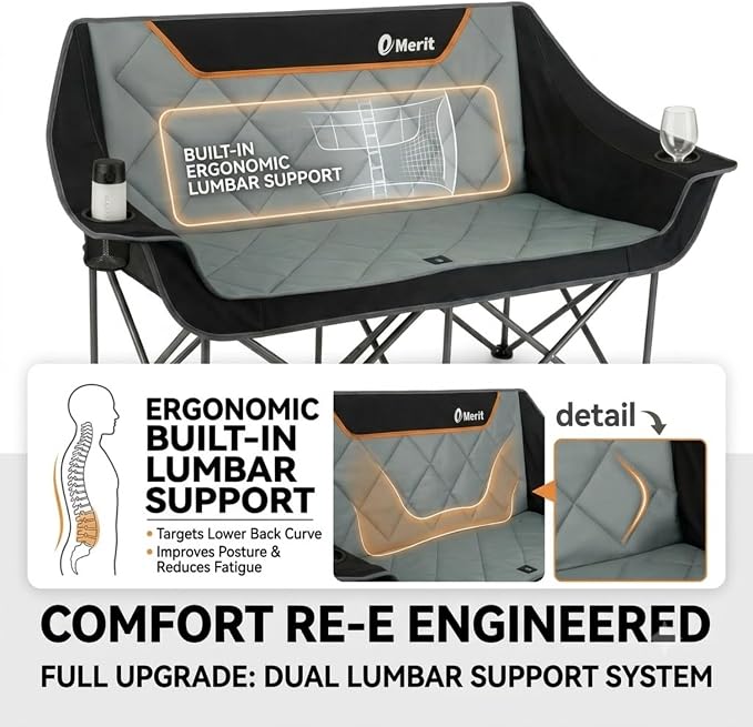 EMERIT Oversized Fully Padded Camping Chair, Heavy Duty 650LB Folding Camping Loveseat, Quad Fold Double Camping Couch with Cup Holders & Carry Bag for Outdoor, Lawn, Sports Events Black