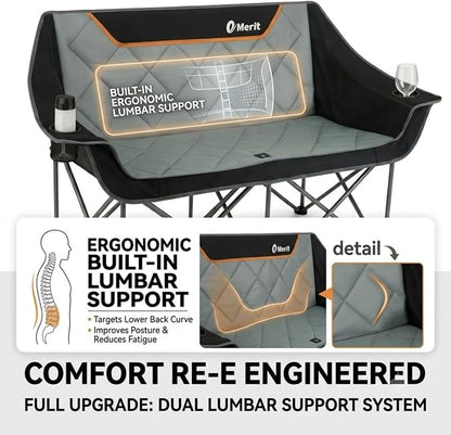EMERIT Oversized Fully Padded Camping Chair, Heavy Duty 650LB Folding Camping Loveseat, Quad Fold Double Camping Couch with Cup Holders & Carry Bag for Outdoor, Lawn, Sports Events Black