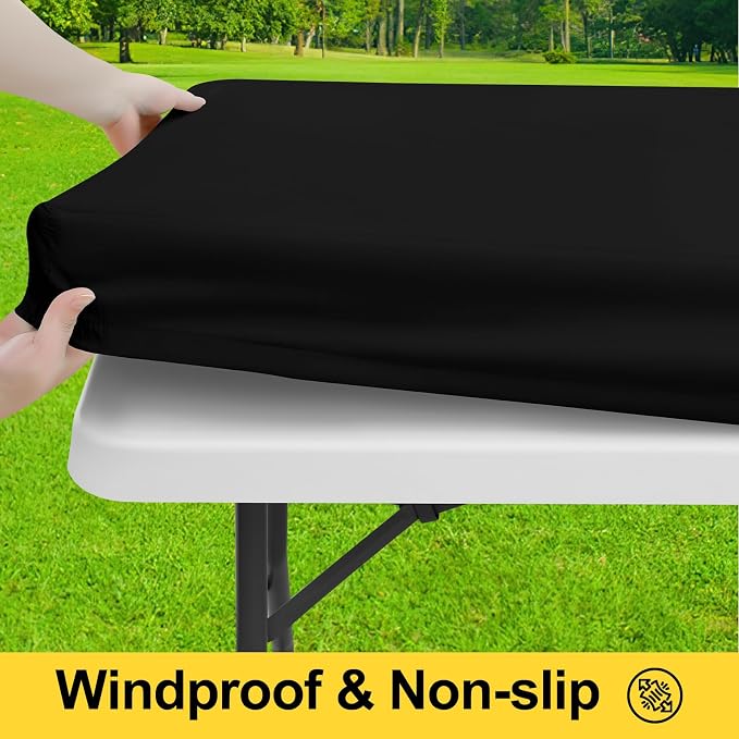 Smiry Picnic Table Cover with Bench Covers, Waterproof Elastic Fitted Polyester Tablecloths for 4 Ft Rectangle Tables, Washable Windproof Tablecloth for Camping, RV & Outdoor (Black, 24x48 Inches)