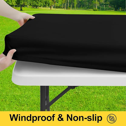 Smiry Picnic Table Cover with Bench Covers, Waterproof Elastic Fitted Polyester Tablecloths for 5 Ft Rectangle Tables, Washable Windproof Tablecloth for Camping, RV & Outdoor (Black, 30x60 Inches)