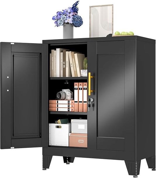 Black Metal Storage Cabinet, 36" Steel Locker Cabinets for Home Office, Locking Storage with Doors and 2 Adjustable Shelves, Utility Cabinet, for Office, Home, Garage, School
