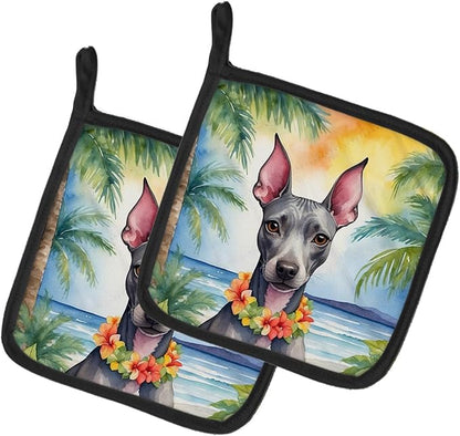 Caroline's Treasures American Hairless Terrier Luau Pair of Pot Holders Kitchen Heat Resistant Pot Holders Sets Oven Hot Pads for Cooking Baking BBQ, 7 1/2 x 7 1/2
