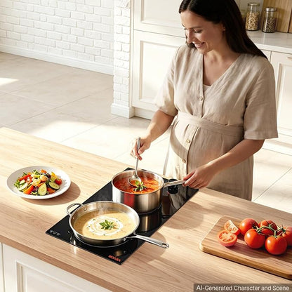 VEVOR Electric Cooktop 12in 2 Burners Portable Stove Top 1800W 120V Plug In, Ceramic Countertop/Built-in Radiant Electric Stove, with 11 Power Levels, Over-Heat Guard, Knob Control