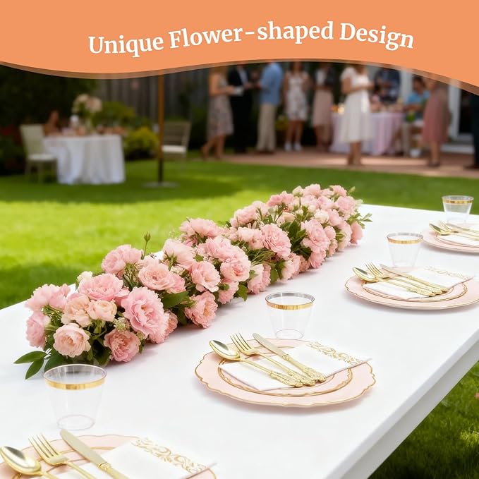 AIRE 350PCS Pink Gold Plastic Plates for Party, Dinnerware Sets for 50 Guests, Disposable Plastic Party Supplies Plates Cups Spoons Forks Knives Napkins for Wedding Birthday Baby Shower BBQ Parties