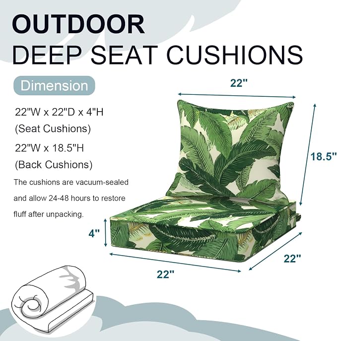 DYTXIII Outdoor Deep Seat Cushion Set, Water Repellent 22"x22" Patio Thick Cushions Replacement with Seat & Back Pillow for Patio Sofa, Wicker Chair, Couch - Swaying Palms Green