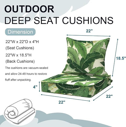 DYTXIII Outdoor Deep Seat Cushion Set, Water Repellent 22"x22" Patio Thick Cushions Replacement with Seat & Back Pillow for Patio Sofa, Wicker Chair, Couch - Swaying Palms Green