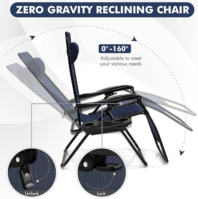 Giantex Zero Gravity Reclining Chair, Outdoor Patio Recliner with Cup Holder & Removable Pillow, Adjustable Backrest, Indoor Lounge Chair for Backyard, Garden, Poolside (Navy)