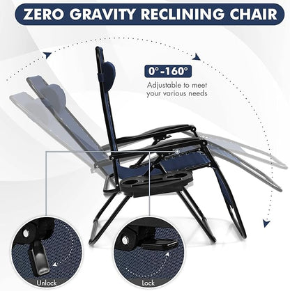 Giantex Zero Gravity Reclining Chair, Outdoor Patio Recliner with Cup Holder & Removable Pillow, Adjustable Backrest, Indoor Lounge Chair for Backyard, Garden, Poolside (Navy)