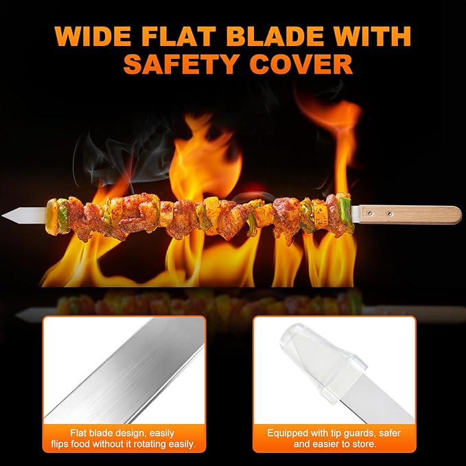 Idong 10 PCS Kabob Skewers 23.6" Flat Stainless Steel BBQ Skewers for Grilling Meat with Wood Handle and Tip Guards, Heavy Duty Reusable for Koobideh Persian Brazilian Shish Kebab (Natural wood)