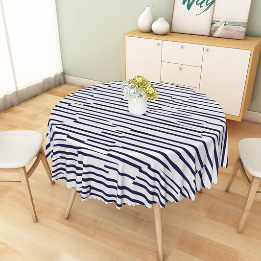 Navy Blue Stripes Tablecloth 60x60 Inch Round Abstract Irregular Striped Table Cloth Dining Circle Table Cover Dust-Proof Table Cover Protector for Home Restaurant Picnic Camping BBQ