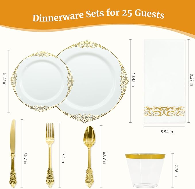 AIRE 175PCS Gold Plastic Plates for Party Supplies Dinnerware Sets for 25 Guests, Vintage Disposable Plastic Party Plates Cups Spoons Forks Knives Napkins for Wedding Birthday Christmas BBQ Parties