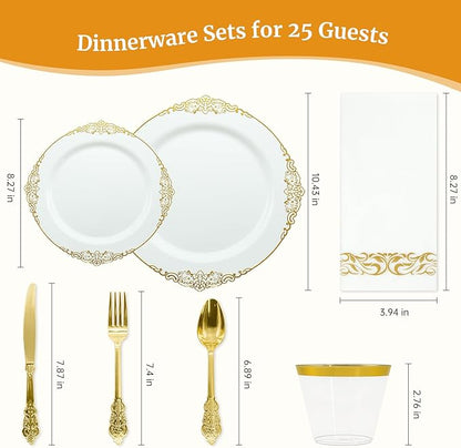 AIRE 175PCS Gold Plastic Plates for Party Supplies Dinnerware Sets for 25 Guests, Vintage Disposable Plastic Party Plates Cups Spoons Forks Knives Napkins for Wedding Birthday Christmas BBQ Parties