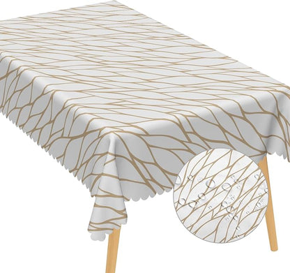 Brown and White Geometric Fabric Waterproof Tablecloth 70x140 Inch Abstract Irregular Stripes Tablecloths Dining Table Cloth Buffet Parties Patio and Camping Chic Decoration for Home Kitchen