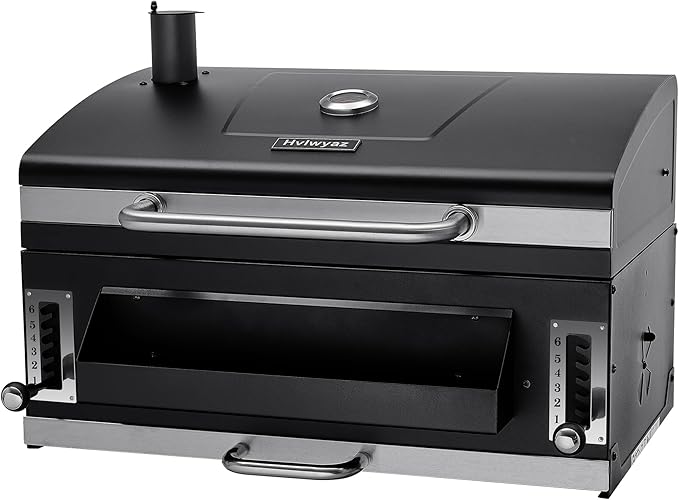 Built-in Charcoal Grill, Large BBQ Grills with Liftable Tray, Insulated Hood & Temp Gauge, Black Stainless Steel Barrel Grill for Outdoor Kitchen, Family BBQ Parties & Patio Use