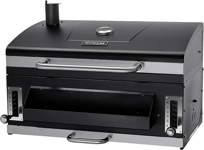 Built-in Charcoal Grill, Large BBQ Grills with Liftable Tray, Insulated Hood & Temp Gauge, Black Stainless Steel Barrel Grill for Outdoor Kitchen, Family BBQ Parties & Patio Use