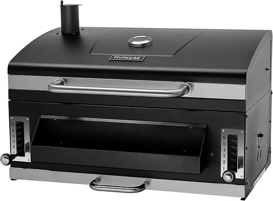 Built-in Charcoal Grill, Large BBQ Grills with Liftable Tray, Insulated Hood & Temp Gauge, Black Stainless Steel Barrel Grill for Outdoor Kitchen, Family BBQ Parties & Patio Use