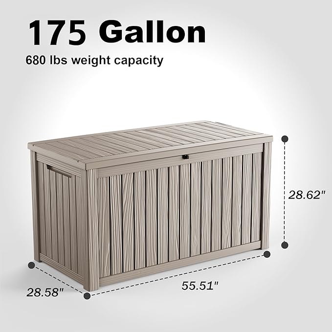PatioZen 175 Gallon Large Deck Box,Resin Outdoor Storage Box with Lockable for Patio Furniture, Garden Tools Waterproof Outside Storage Box, Grey