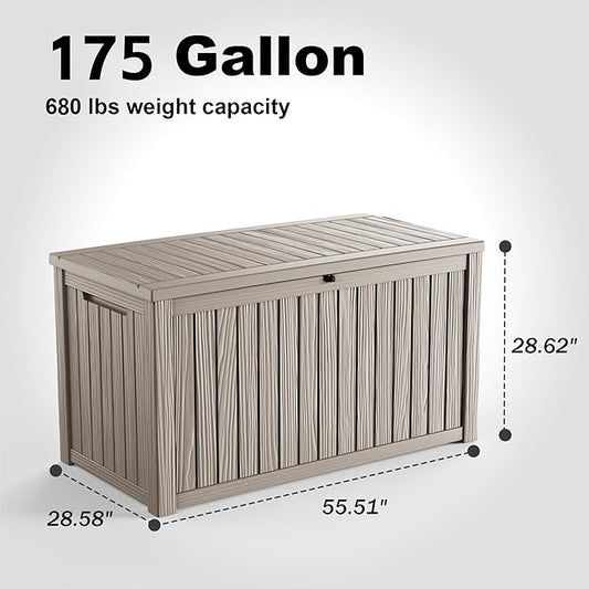 PatioZen 175 Gallon Large Deck Box,Resin Outdoor Storage Box with Lockable for Patio Furniture, Garden Tools Waterproof Outside Storage Box, Grey