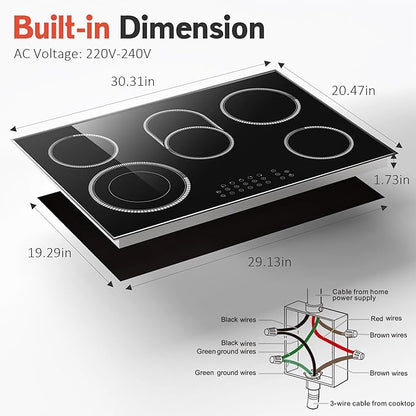 30 Inch Electric Cooktop, 5 Burner Electric Stove Top Touch Control, 8400W Built-in Ceramic Stovetop Burner 30" with Expandable Zone, Child Lock, Timer, Overheat Alert, 220-240v Hardwired