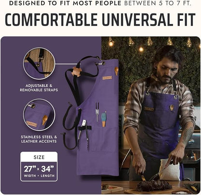 Asaya Chef and BBQ Apron with Bottle Opener and Hand Towel - 10oz Cotton Canvas, Stainless Steel Hardware - Cross Back Straps