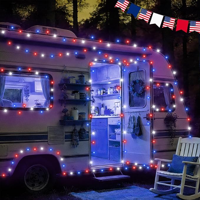 QITONG Red White and Blue Solar String Lights, 2 Pack Each 66ft 200 LED 4th of July Lights Outdoor Waterproof, 8 Modes Green Wire Patriotic Led Lights for Independence Memorial Day Decor