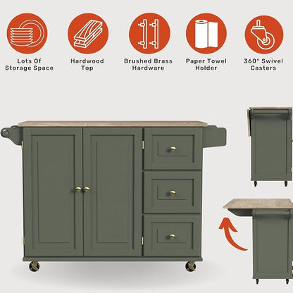 Homestyles Mobile Kitchen Island Cart with Wood Top and Dropleaf Breakfast Bar, 18" D x 53.5" W x 36" H, Green