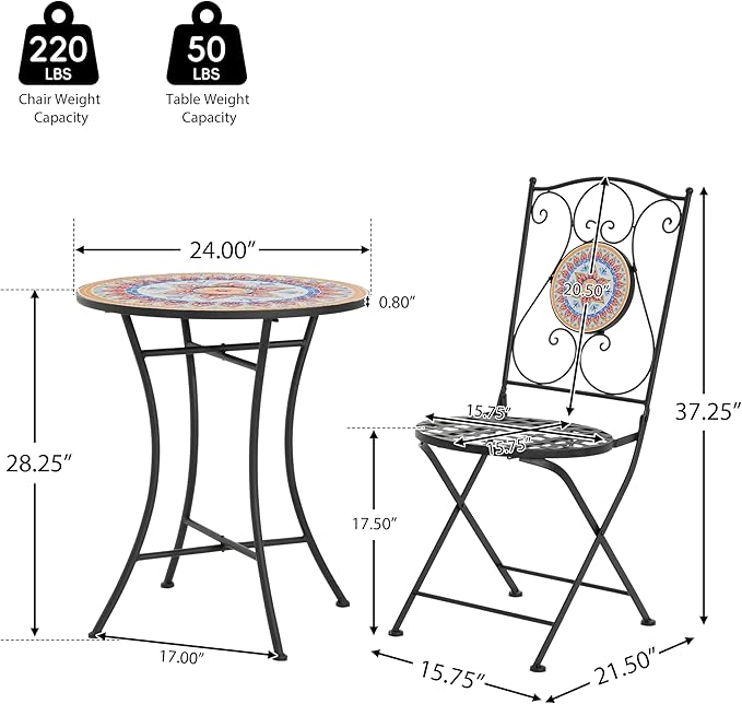 Christopher Knight Home Dorin Patio Ceramic Tile and Iron Frame Bistro Set, 2-Seater Round Top Table+Chairs Set for Garden/Balcony, Poolside, Foldable Chat Set with Iron Mesh Seating Design, Black+Red