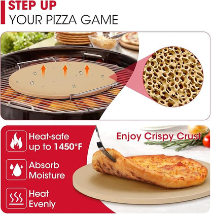 Unicook 15 Inch Round Pizza Stone for Oven and Grill, Comes with Carry Rack | Heat Resistant to 1450 ℉, Even Heating and Consistent Heat Retention, Crispy Crust for Fresh & Frozen Pizzas, Bread, Cookies