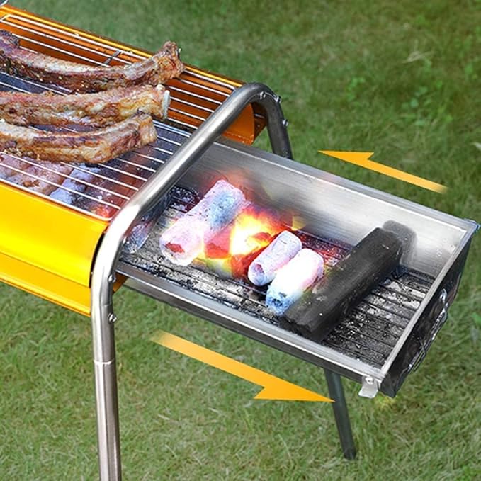 Charcoal Grill Portable BBQ Grill Large Charcoal Grill Folding Barbecue Grill Stainless Steel Camping Grill for Outdoor Picnic BBQ Grill(Gold)