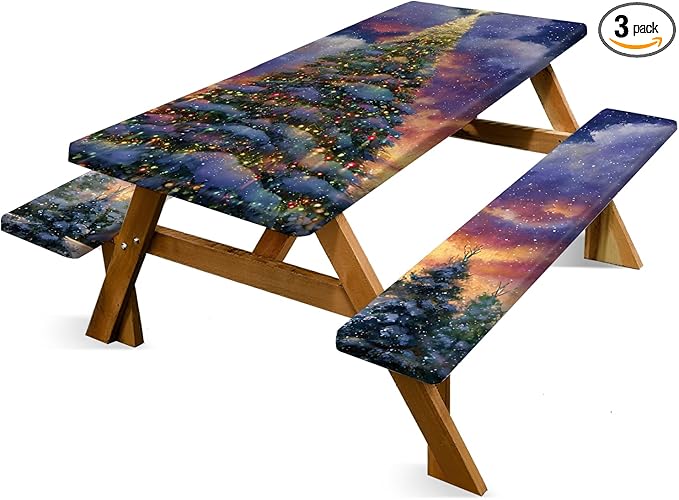 Christmas Picnic Table Cover with Bench Cover, Outdoor Picnic Table Elastic Tablecloth, Green Santa Claus and Reindeer Design, Camping, Barbecue and Holiday Party Tablecloth