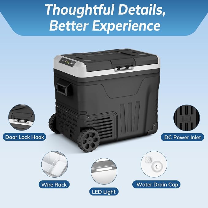 12 Volt Refrigerator,53QT -4℉~68℉ Electric Cooler with Wheels for Car,Black | 50L Car Fridge Compressor,Plug in Coolers for Vehicles,Portable Refrigerator for Camping with 2 Baskets, Freezer Cooler