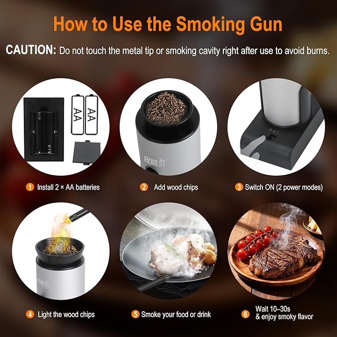 BORUIT Smoking Gun Cocktail & Food Smoker Kit, 2-Speed Cold Smoke Infuser for Cocktails, Whiskey, Meat, BBQ, Cheese – Includes Wood Chips & Accessories, Ideal Gift for Foodies – Silver