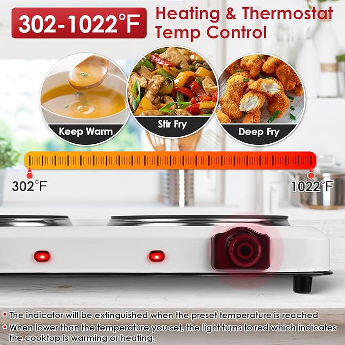 KOCASO 1800W Dual Infrared Burner Hot Plate, 7.5" & 6.3" Glass Cooktop, Stepless Temp Control 302°F-1022°F, Portable Electric Stove for Home, RV, Camping, Dorms