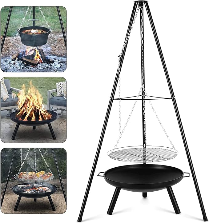 Portable Charcoal Grill for Camping BBQ Grills Outdoor Barbecue Grill with Adjustable Height Tripod Fire Pit and Stainless Steel Net for Campfire Cooking Patio Heater and Pot Rack,A-1
