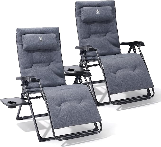 EVER ADVANCED Aluminum Zero Gravity Chair Oversized, Thick Padded Reclining Lounge Chair with Adjustable Headrest & Side Table, Heavy Duty Support 350 lbs, Foldable for Outdoor & Indoor, Gray-2 Pack