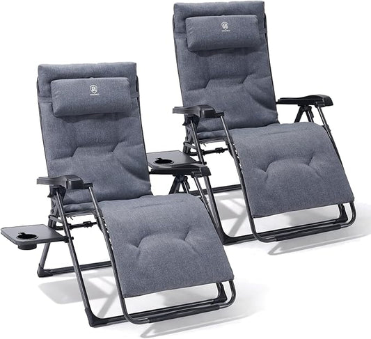 EVER ADVANCED Aluminum Zero Gravity Chair Oversized, Thick Padded Reclining Lounge Chair with Adjustable Headrest & Side Table, Heavy Duty Support 350 lbs, Foldable for Outdoor & Indoor, Gray-2 Pack