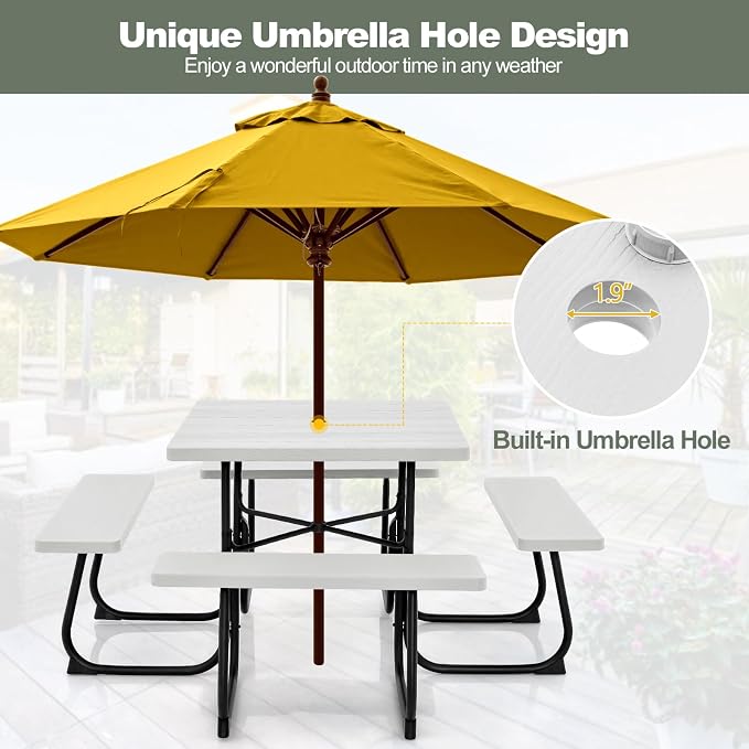 Tangkula 8 Person Picnic Table, Outdoor Square Picnic Table with 4 Built-in Benches, Umbrella Hole, Metal Frame & HDPE Tabletop, Outside Table and Bench Set for Backyard, 2300lbs Weight Capacity