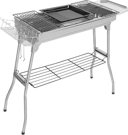 Portable Charcoal Grill, Stainless Steel Folded Camping Grill Kabob BBQ Barbecue Grill Kit for Garden Backyard Party Picnic Travel Outdoor Cooking 39.3 x 12.2 x 27.9 Inch (Silver)